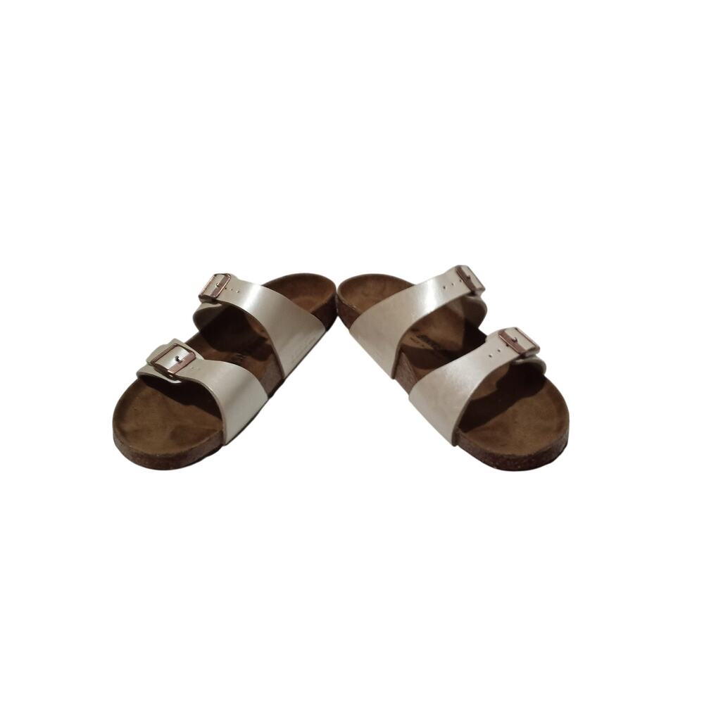 Birkenstock Made In Germany Pearl White Bronze Tone Logo Hardware Slides Size 37 - Picture 5 of 12